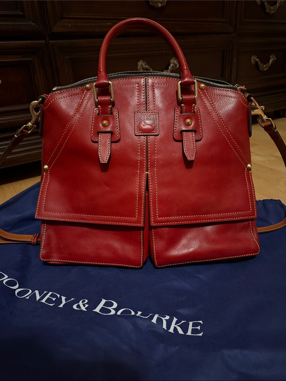 Dooney & Bourke Red Leather Double-Pocket Satchel Clayton